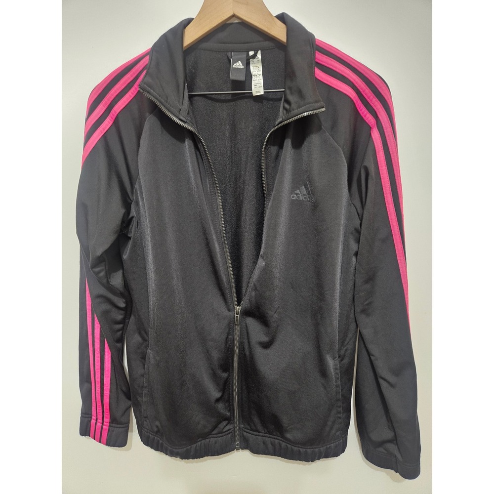 Adidas Womens Track Jacket Black Pink‎ 3-Stripe Full Zip Large Sporty Athletic